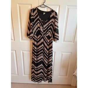 Espresso Women Black Tan Chevron Maxi Dress Elastic Waist 3/4 Sleeve Size M